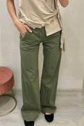 Pantalone palazzo donna con tre bottoni vita e tasche laterali in cotone elastan