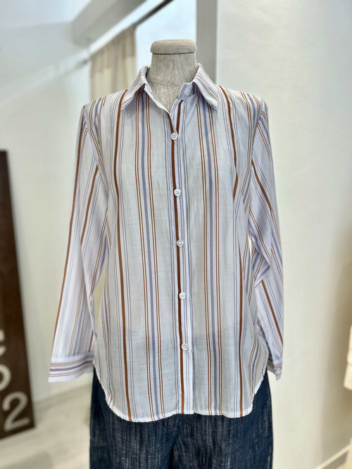 Camicia Mira a righe semitrasparente con bottoni davanti in tessuto tencel e poliestere, taglia unica.
